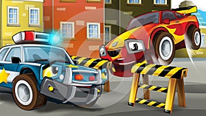 Cartoon police car officer on the road block stopping speeding car - illustration for children