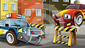 Cartoon police car officer on the road block stopping speeding car - illustration for children