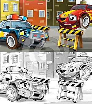 Cartoon police car on the road block - illustration