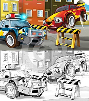 Cartoon police car on the road block - illustration