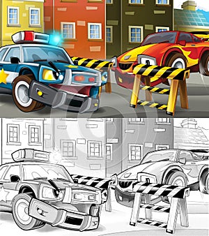 Cartoon police car on the road block - illustration