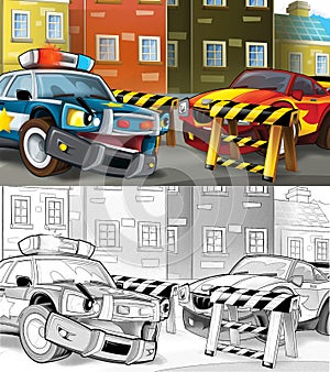 Cartoon police car on the road block - illustration