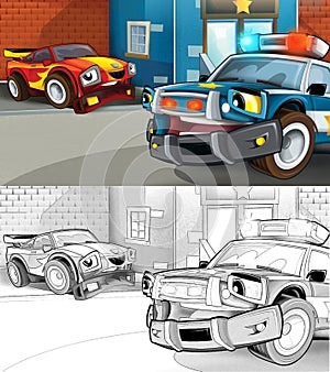 Cartoon police car on the road block - illustration