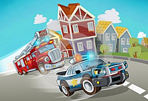 Cartoon police and fire brigade driving through the city - illustration