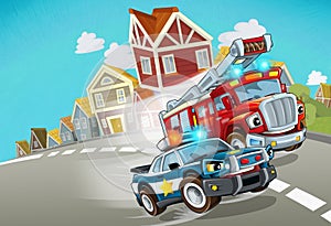 Cartoon police and fire brigade driving through the city - illustration