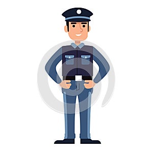 Cartoon police officer standing hands hips uniform confident smile law enforcement.