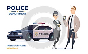 Cartoon police officers in civilian clothes, detective man and woman team. Police car. FBI agents