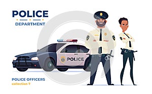 Cartoon police officers man and woman team with police car.