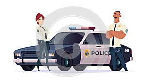 Cartoon police officers man and woman team. Public safety officers with police car. Guardians of law and order.