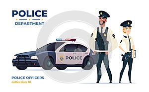 Cartoon police officers man and woman team. Public safety officers with police car. Guardians of law and order.