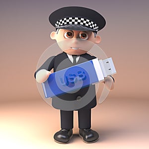 Cartoon policeman police officer in 3d carrying a thumb drive usb memory stick, 3d illustration