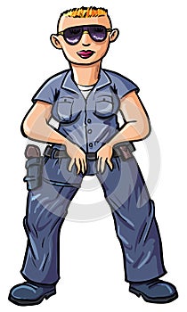 Cartoon policewoman with a blond buss-cut.