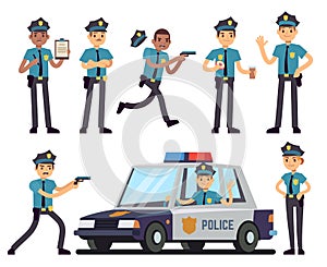 Cartoon policewoman and policeman characters in police uniform vector set