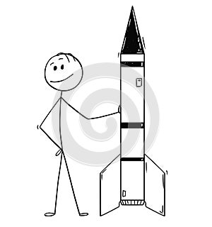 Cartoon of Politician or Businessman Leaning on Missile or Military Rocket