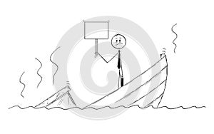 Cartoon of Politician or Businessman Standing Depressed on Sinking Boat With Empty Sign