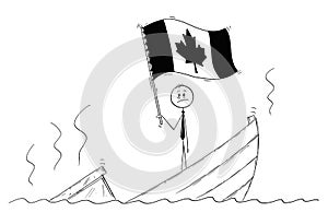 Cartoon of Politician Standing Depressed on Sinking Boat Waving the Flag of Canada