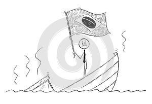 Cartoon of Politician Standing Depressed on Sinking Boat Waving Flag of Federative Republic of Brazil