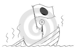 Cartoon of Politician Standing Depressed on Sinking Boat Waving the Flag of Japan