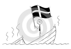 Cartoon of Politician Standing Depressed on Sinking Boat Waving the Flag of Kingdom of Denmark