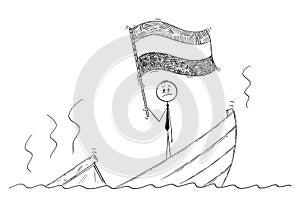 Cartoon of Politician Standing Depressed on Sinking Boat Waving the Flag of Kingdom of the Netherlands or Holland