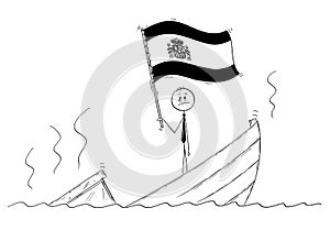Cartoon of Politician Standing Depressed on Sinking Boat Waving the Flag of Kingdom of Spain