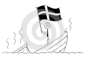 Cartoon of Politician Standing Depressed on Sinking Boat Waving the Flag of Kingdom of Sweden