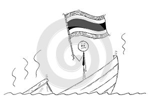 Cartoon of Politician Standing Depressed on Sinking Boat Waving the Flag of Kingdom of Thailand