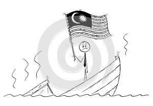 Cartoon of Politician Standing Depressed on Sinking Boat Waving the Flag of Malaysia