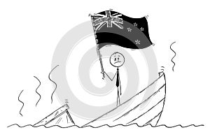 Cartoon of Politician Standing Depressed on Sinking Boat Waving the Flag of New Zealand