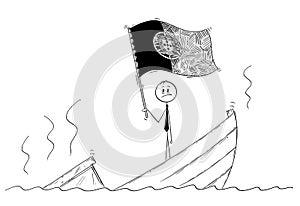 Cartoon of Politician Standing Depressed on Sinking Boat Waving the Flag of Portuguese Republic or Portugal