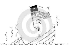Cartoon of Politician Standing Depressed on Sinking Boat Waving the Flag of Republic of Chile
