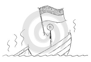 Cartoon of Politician Standing Depressed on Sinking Boat Waving the Flag of Republic of Indonesia or Ukraine