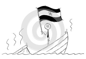 Cartoon of Politician Standing Depressed on Sinking Boat Waving the Flag of Republic of Nicaragua