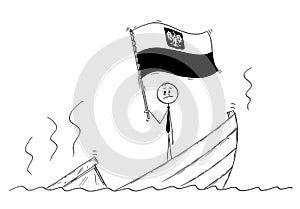 Cartoon of Politician Standing Depressed on Sinking Boat Waving the Flag of Republic of Poland