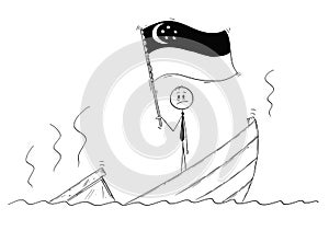 Cartoon of Politician Standing Depressed on Sinking Boat Waving the Flag of Republic of Singapore