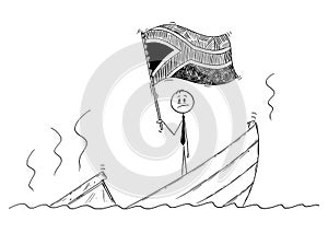 Cartoon of Politician Standing Depressed on Sinking Boat Waving the Flag of Republic of South Africa