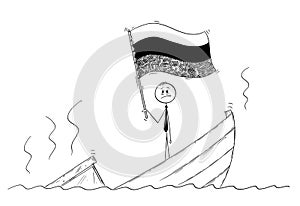 Cartoon of Politician Standing Depressed on Sinking Boat Waving the Flag of Russian Federation or Russia