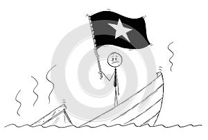 Cartoon of Politician Standing Depressed on Sinking Boat Waving the Flag of Socialist Republic of Vietnam