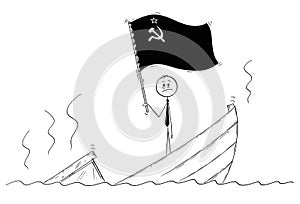 Cartoon of Politician Standing Depressed on Sinking Boat Waving the Flag of Soviet Union