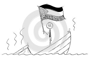 Cartoon of Politician Standing Depressed on Sinking Boat Waving the Flag of State of Palestine