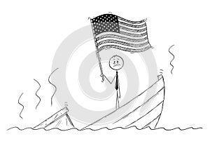 Cartoon of Politician Standing Depressed on Sinking Boat Waving the Flag of United States of America or USA