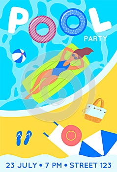 Cartoon Pool Party Poster Invitation Concept Banner Card. Vector