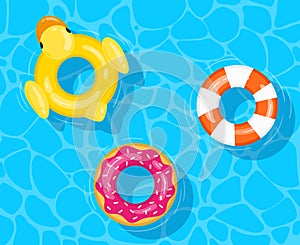 Cartoon pool swimming circles, floating rubber swim rings. Summer water toys in pool, floating inflatable lifebuoys