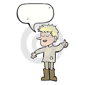 cartoon poor boy with positive attitude with speech bubble