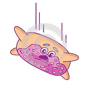 Cartoon, poor, scared donut character with pink glaze falls from a great height. For stickers, greeting cards, party
