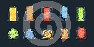 Cartoon portals. Magic fantasy game teleports. Circle and square teleportation doors. Archway or doorway with colorful