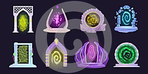 Cartoon portals. Magic teleport glowing energy, rock doorway in mystery world space dimension, wizard gate stone arc