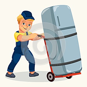 Cartoon porter transporting fridge by cart poster