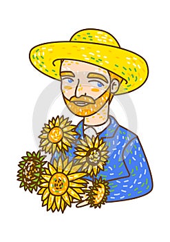 Cartoon portrait of Dutch artist Vincent Van Gogh in a straw hat 2 photo