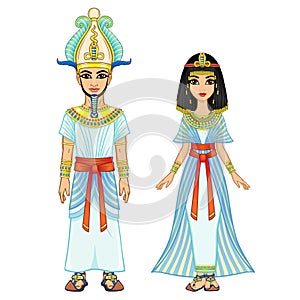 Cartoon portrait of Egyptian family in ancient clothes.